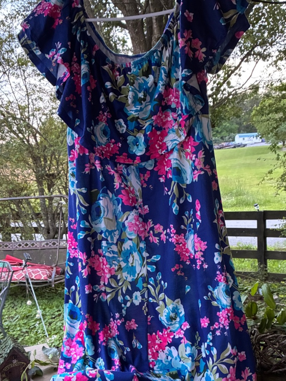 Source Unknown Navy Blue Floral Maxi Dress with Pink & Teal Accents